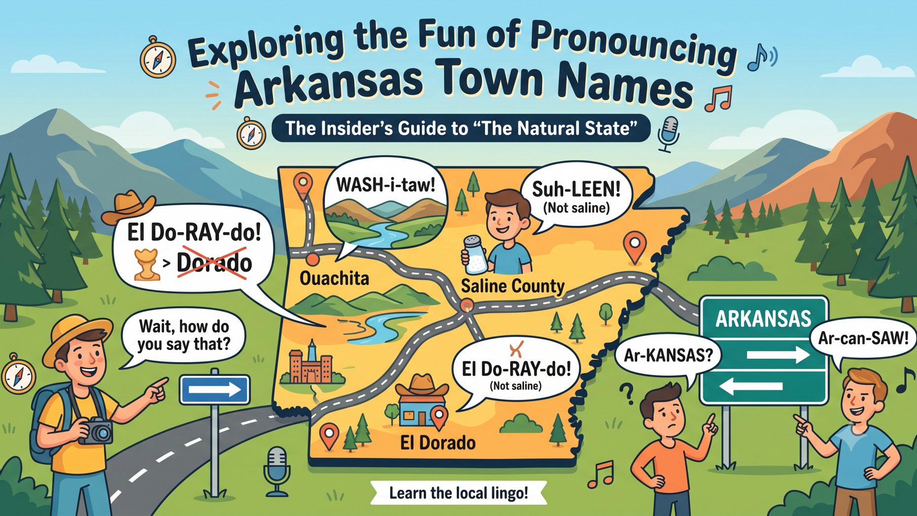 Young men pronouncing Arkansas town names from a truck bed