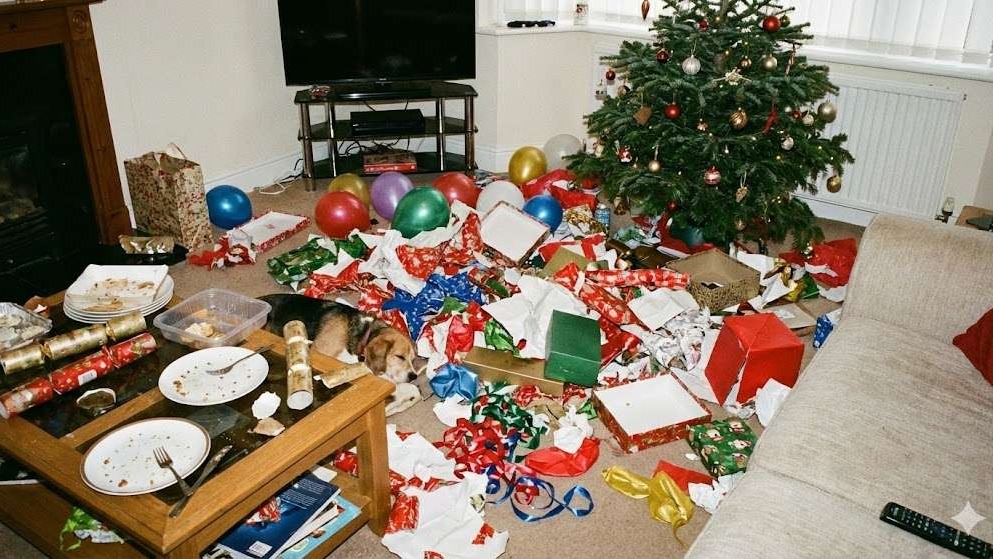Woman standing near recycling bins to safely dispose of Christmas waste.