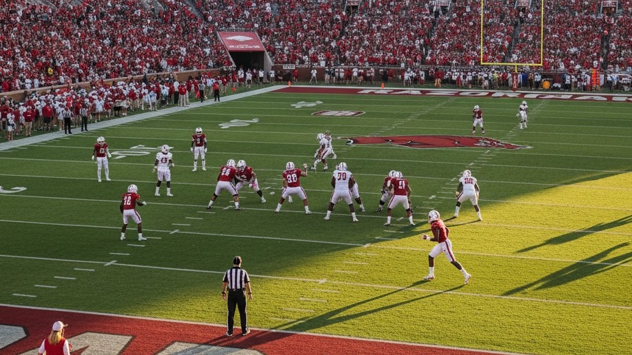 Arkansas football players entering the field at a lively stadium.