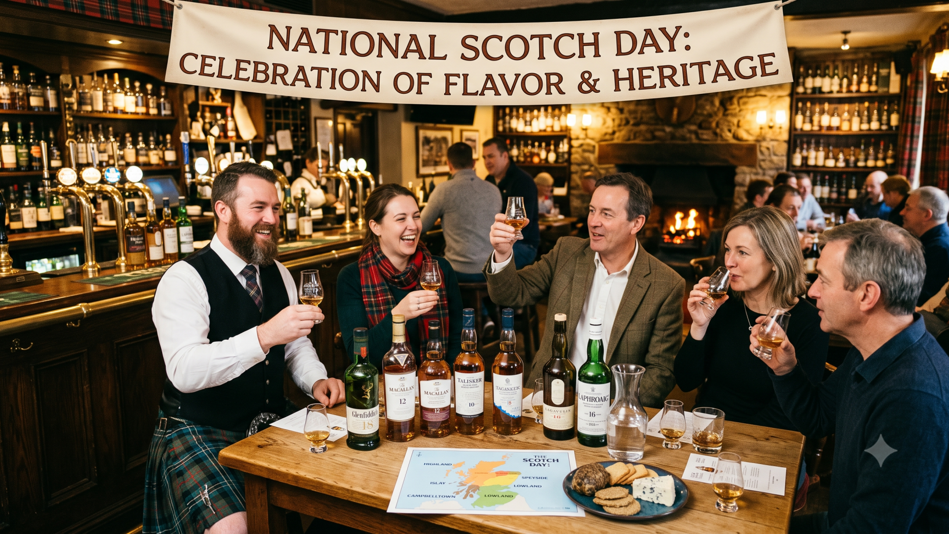 National Scotch Day bottle with wooden barrel background.