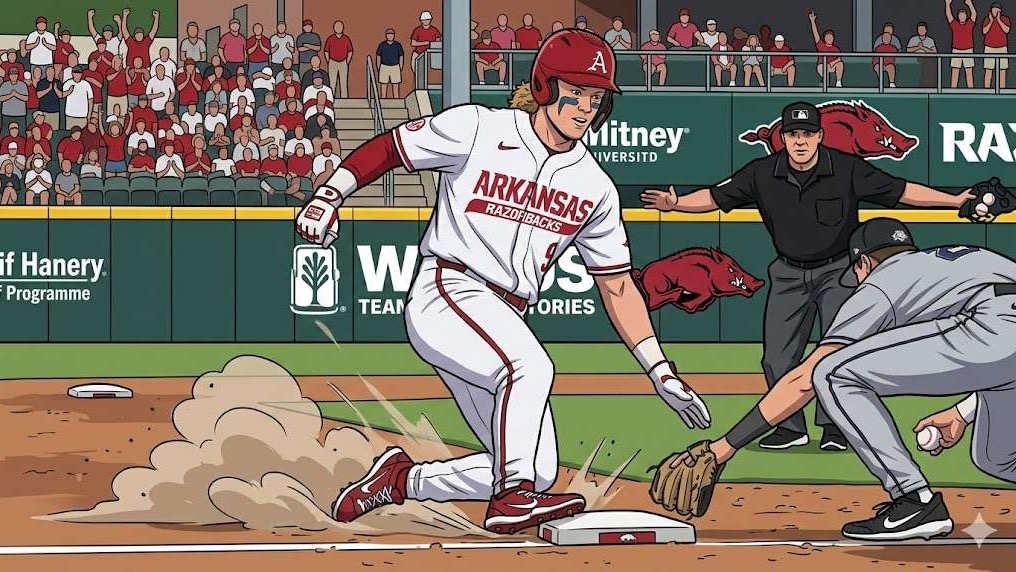 Arkansas Razorbacks players in press conference setting, smiling.