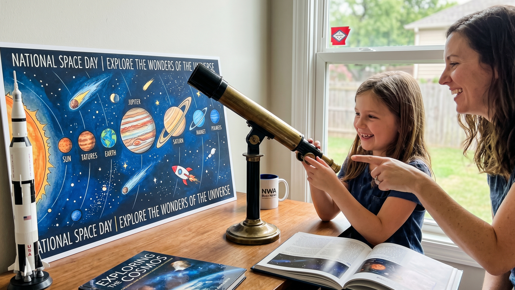 National Space Day solar system illustration with planets and stars.