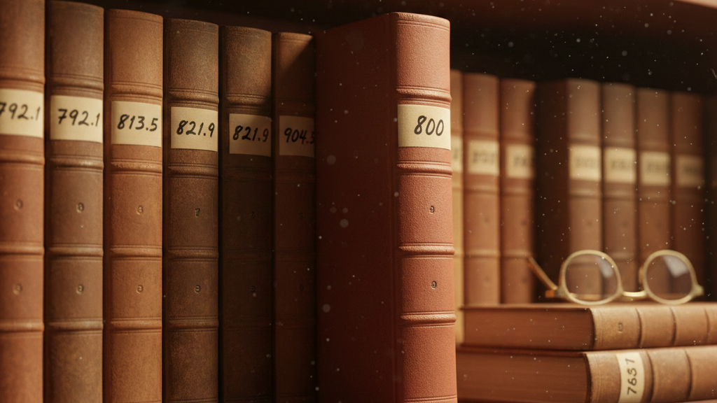 Dewey Decimal System sign on library bookshelf for Dewey Decimal System Day.