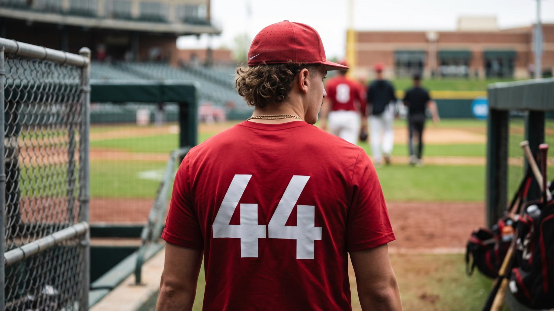 Razorback Baseball updates with coach smiling in front of stadium.
