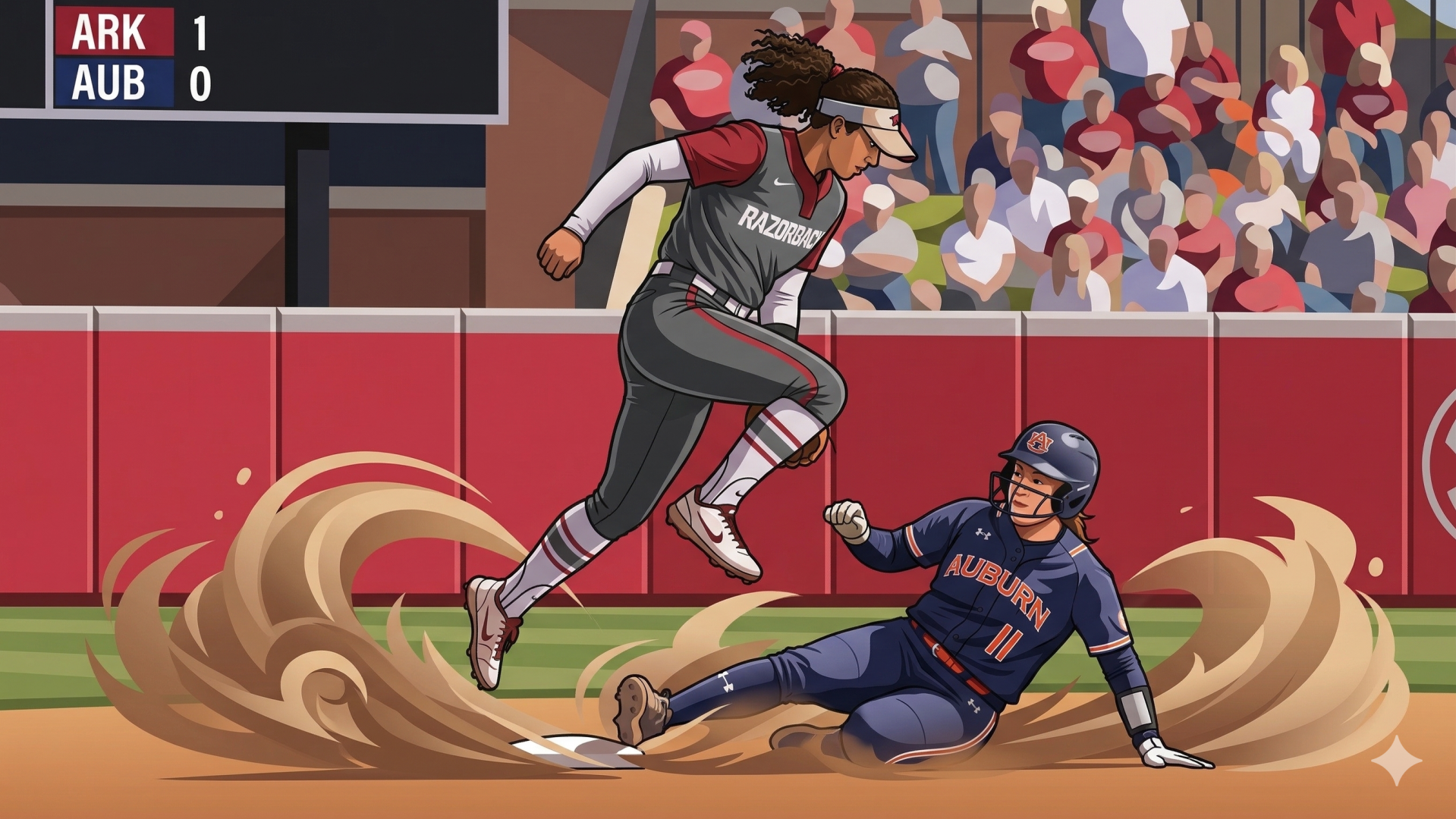 Arkansas softball players celebrating on the field.