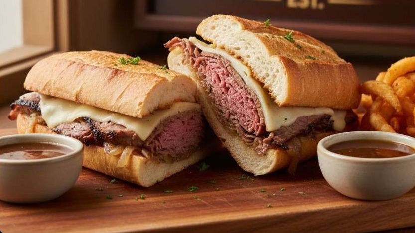National French Dip Day sandwich with au jus in vibrant display.