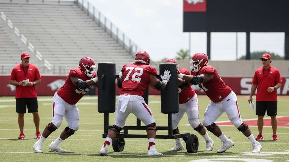 Silverfield's Offensive Staff Arkansas Football featured in a vibrant sports broadcast image.