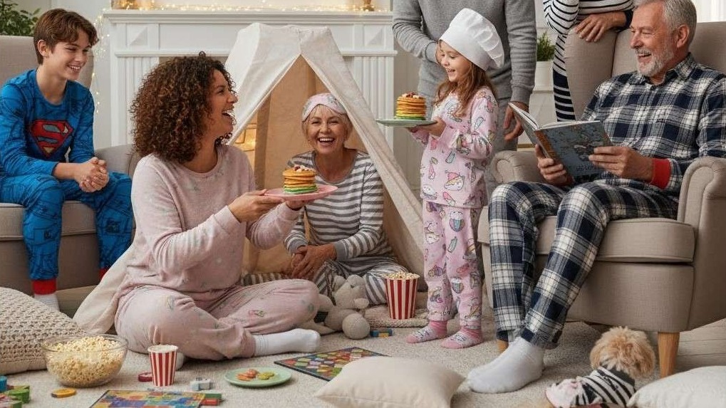 Happy family in matching pajamas for National Family PJ Day.