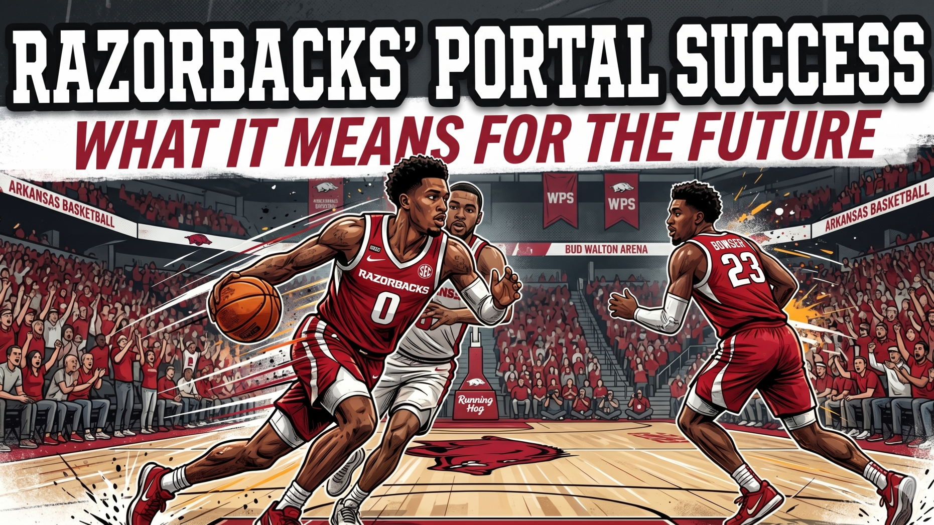 Arkansas basketball transfer portal success featuring determined players in action.