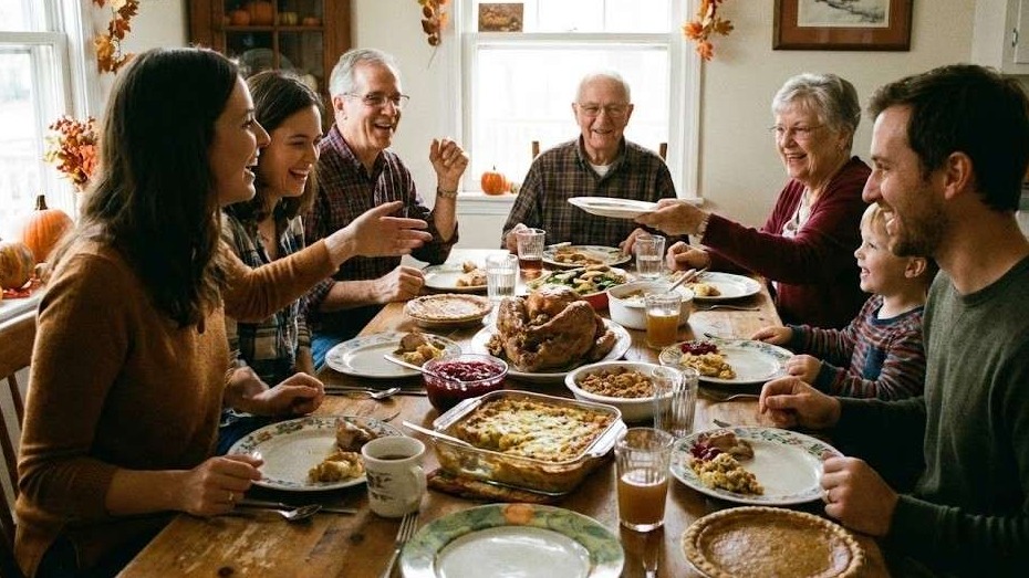 Thoughtful man observing Thanksgiving lights in city.