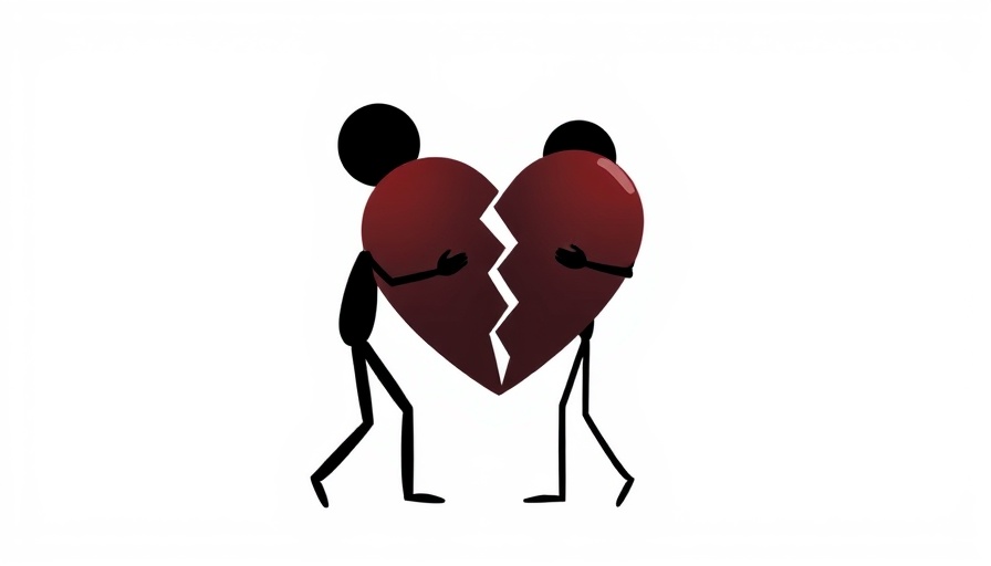 Abstract art of figures pushing heart halves; symbolism of unity.
