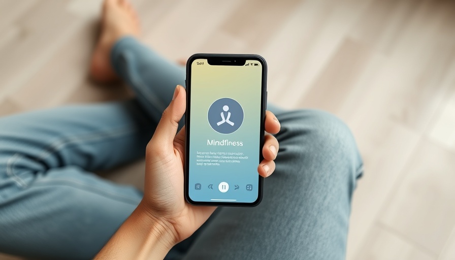 Person using New Mindful App on smartphone, seated casually.