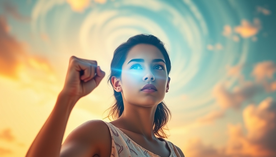 Empowered young woman glowing with inner light against vibrant sky, healing from trauma and reclaiming self-worth.