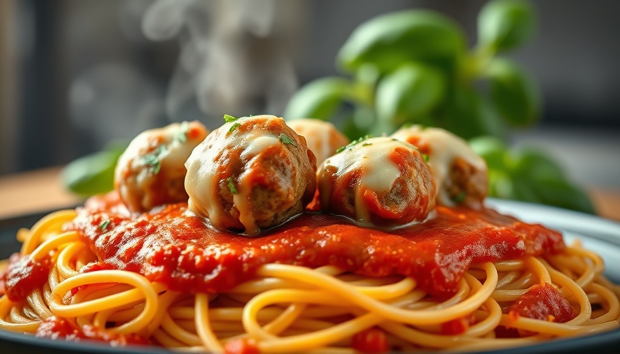 Close-up of spaghetti and meatballs with cheese and basil, easy recipes for healthy meals.
