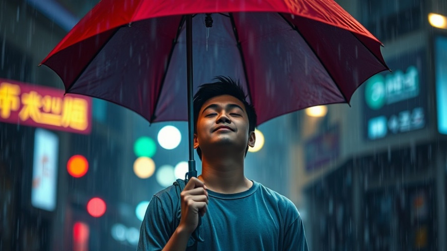 Finding Balance Through Emotional Spectrum: Meditative scene with vibrant rain.