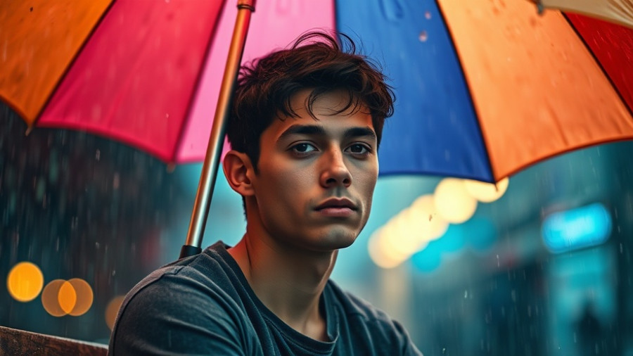 Serene young man finding balance through colorful rain with umbrella.