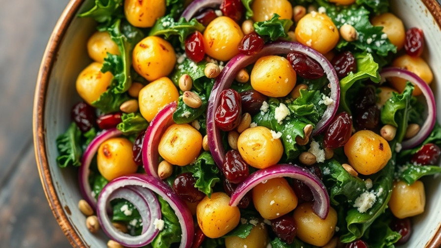 Vibrant roasted gnocchi kale salad with pepitas and cranberries.