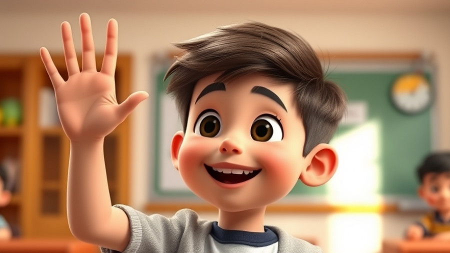 Cheerful boy raising hand in a cartoon classroom scene.