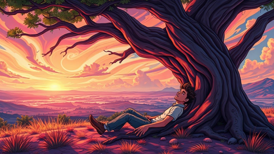 Serene man under tree at sunset illustrating benefits of slowing down.