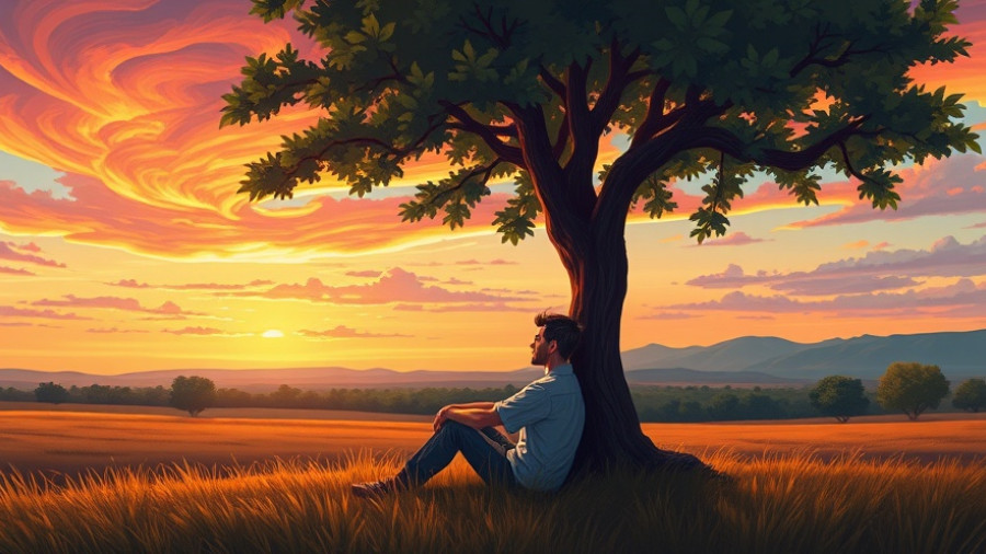 Mature man enjoying nature under a tree at sunset, symbolizing healthy aging and longevity.