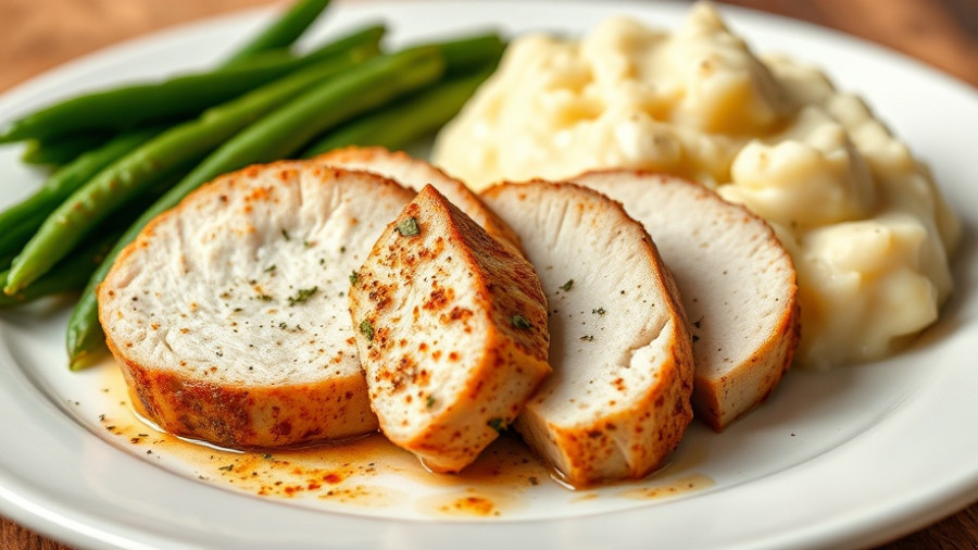 Oven-roasted turkey tenderloin with mashed potatoes and green beans.