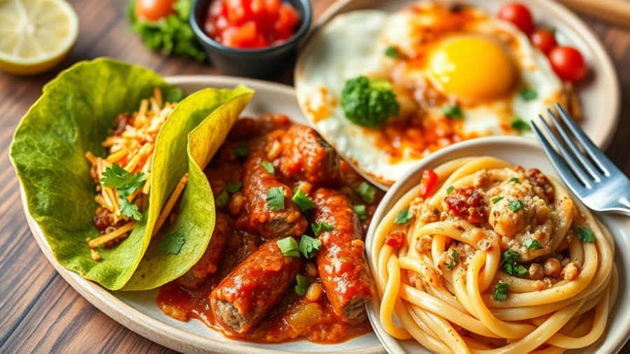 4 in 5 Meal Plan October 2025: Diverse meal collage featuring taco, chili, sausage, eggs, and pasta.