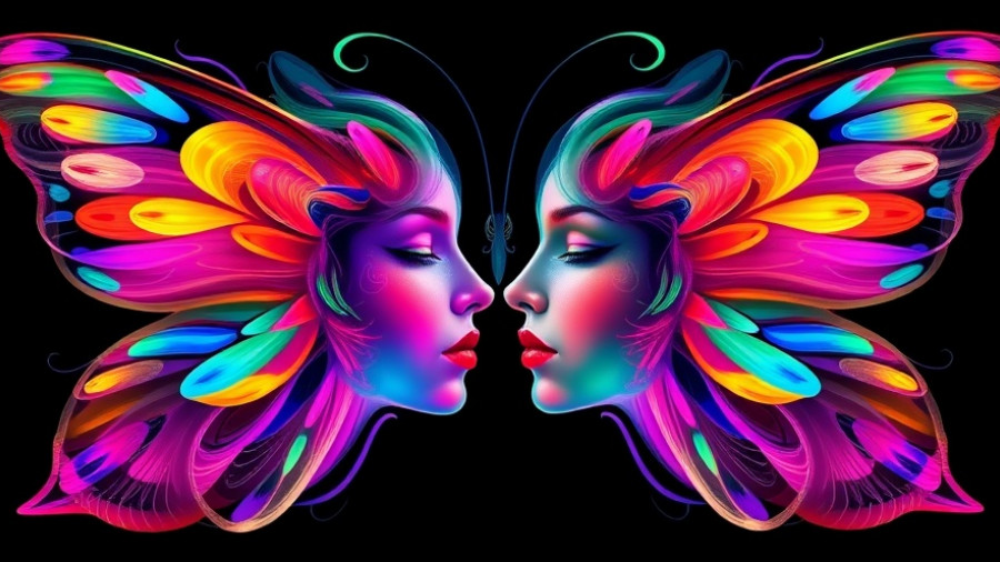 Abstract art of faces forming butterfly wings on black background, symbolizing healthy aging and longevity.