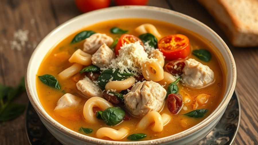 Hearty bowl of Marry Me Chicken Soup with pasta and sun-dried tomatoes.