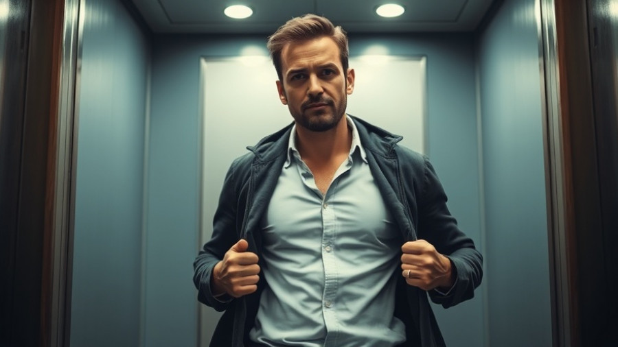 Confident man in elevator expressing assurance, planning gameplan.