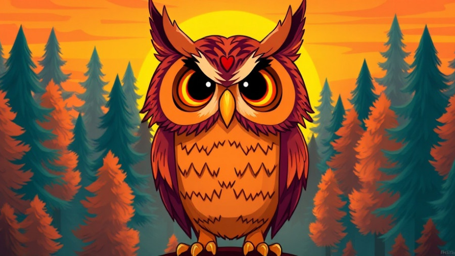 Vibrant owl illustration in forest at sunset, burnout recovery strategies.