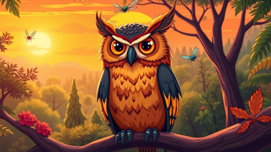 Colorful owl in vibrant forest sunset, symbolizing burnout recovery in animal care.