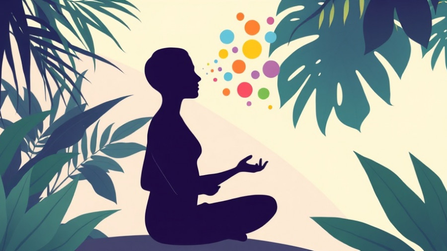 Abstract meditation illustration with vibrant colors and thoughts flowing from a meditative figure.