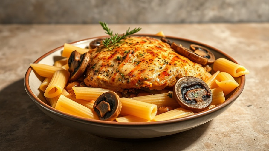 Creamy chicken mushroom pasta with rigatoni and grilled chicken.