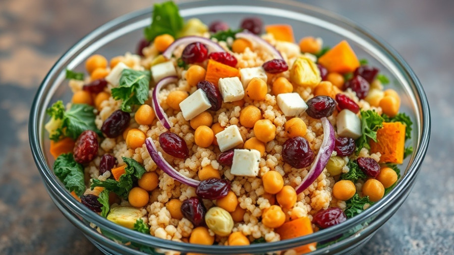 Colorful autumn couscous salad with fresh ingredients in a bowl.