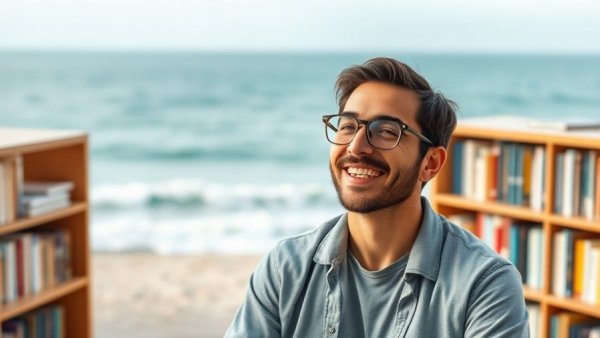 Calm ocean meditation card featuring a smiling man on managing cravings with mindfulness.