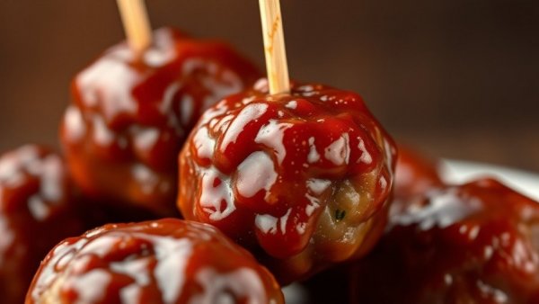 Thanksgiving meatballs with raspberry sauce close-up, skewered.