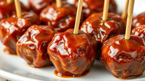 Juicy Thanksgiving Meatballs skewered on a white plate.