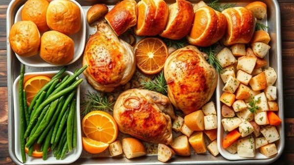 Vibrant Sheet Pan Thanksgiving Dinner with assorted dishes.