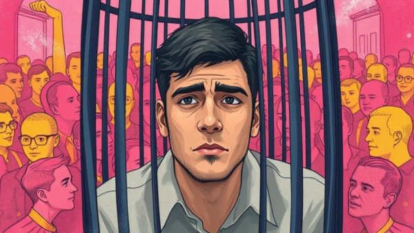 Illustration of a man in a cage symbolizing overcoming shyness.