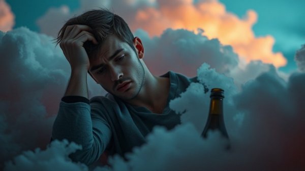 Somber young man coping with a loved one's addiction, surrounded by clouds.