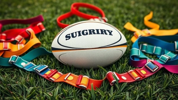 Rugby ball and colorful tag belts on school field for Teaching Rugby Safely in Schools.
