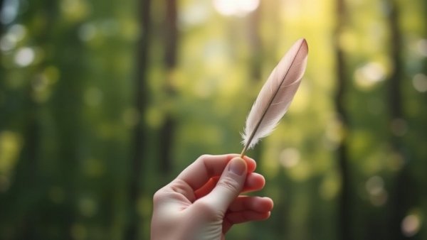 Hand holding a feather quill in nature, symbolizing creativity at work.