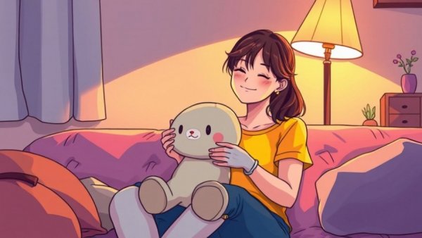 Woman relaxing with plush toy, sensory anchors for emotional safety.