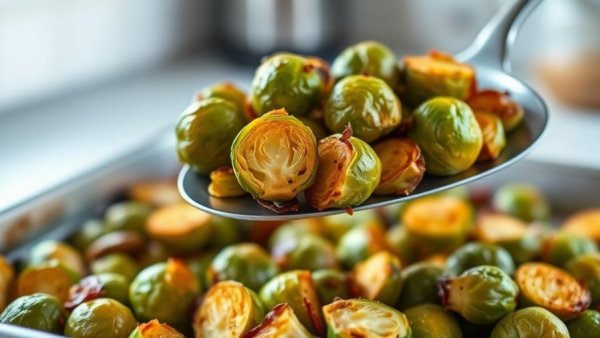 Healthy recipes featuring roasted Brussels sprouts in a tray.