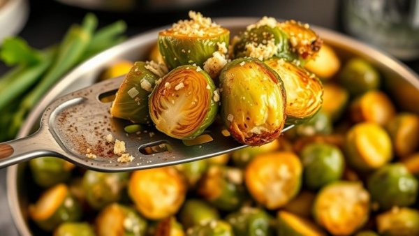 Crispy parmesan Brussels sprouts fresh from oven.