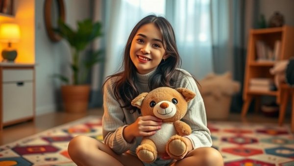 Young woman finds emotional safety using sensory anchors, cuddling plush toy.