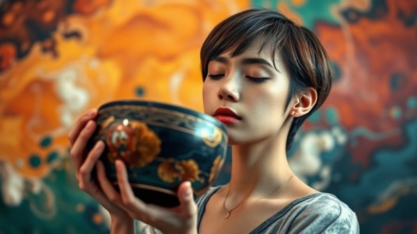 Serene young woman illustrating self-compassion with a kintsugi bowl.