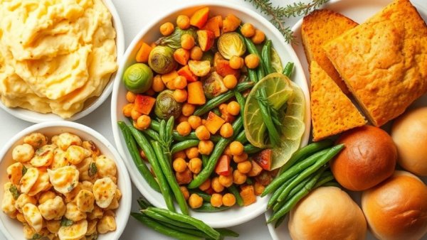 Assorted Thanksgiving side dishes in a vibrant display
