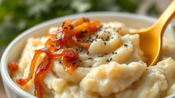Creamy caramelized onion mashed potatoes with black pepper in a bowl.