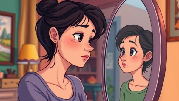 Adult woman reflects on childhood, calm anxiety rooted in childhood wounds.